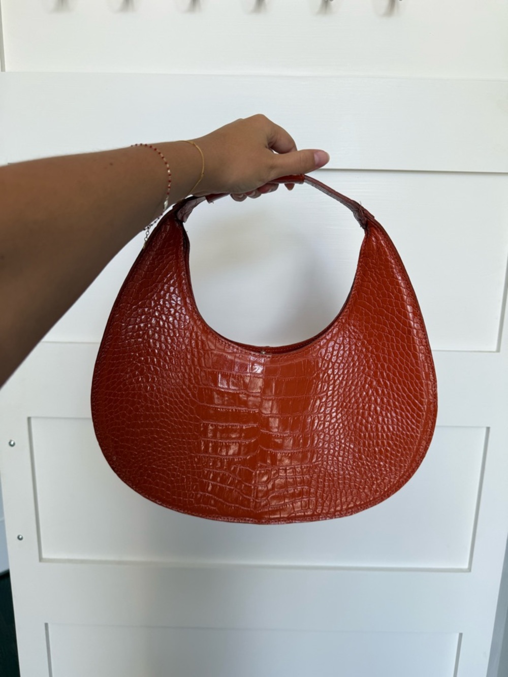 Crescent Croc-Embossed Leather Shoulder Bag - Rust Orange